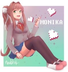  :d arm_up artist_name black_thighhighs bow breasts brown_hair cellphone collared_shirt commentary doki_doki_literature_club female full_body gradient_background green_eyes grey_jacket hair_intakes hairbow heart high_ponytail highres holding holding_phone jacket long_hair long_sleeves looking_at_viewer medium_breasts miniskirt monika_(doki_doki_literature_club) naobhal neck_ribbon open_mouth orange_sweater phone pixel_heart pixelated ponytail red_ribbon ribbon round_teeth school_uniform shirt shoes sidelocks signature sitting skirt smartphone smile solo sweater teeth thighhighs upper_teeth_only upskirt uwabaki very_long_hair white_bow white_footwear white_ribbon 