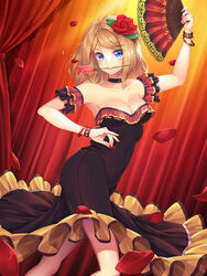  bare_shoulders black_dress blonde_hair blue_eyes bracelet breasts choker cleavage commentary_request dancing dress dutch_angle female flamenco flower flower_in_mouth folding_fan hair_flower hair_ornament hand_fan jewelry large_breasts loneteel mouth_hold petals photoshop_(medium) rose rose_pacifica rose_petals solo stage_curtains sword_girls 