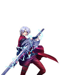  1boy alastor_(sword) artist_request dante_(devil_may_cry) devil_may_cry_(series) fingerless_gloves gloves highres jacket leather leather_pants male_focus official_art onimusha_soul pants photoshop_(medium) red_jacket solo sword weapon white_hair 