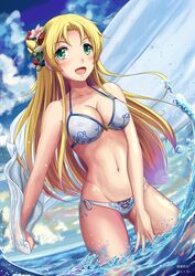  :d bikini blonde_hair blush breasts chinese_commentary cleavage cloud commentary_request covered_nipples dated day dutch_angle female flower green_eyes grenda-san groin hair_flower hair_ornament highres huanghyy long_hair medium_breasts navel ocean open_mouth outdoors photoshop_(medium) robot_girls_z side-tie_bikini_bottom sky smile solo strap_gap swimsuit towel wading water 