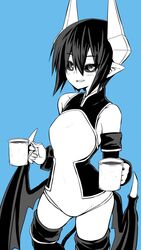  bad_id bad_twitter_id black_sclera blue_background blush coffee coffee_mug colored_sclera commentary_request contrapposto cup demon_girl demon_horns demon_tail demon_wings elbow_gloves female gloves greyscale_with_colored_background hair_between_eyes highres horns looking_at_viewer low_wings monochrome mug parted_lips pointy_ears seizaverus shinrabanshou short_hair simple_background slit_pupils smile solo standing tail thighhighs wings zyugoya 