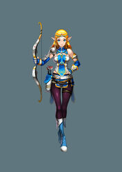  ah-lyong_lee armor arrow_(projectile) bad_drawcrowd_id bad_id belt blonde_hair blue_eyes blue_gloves bow_(weapon) breasts character_request circlet crossed_ankles detached_collar drawcrowd_sample elbow_gloves elf female fingerless_gloves full_body gem gloves grey_background hand_on_own_hip highres image_sample jewelry light_smile long_hair medium_breasts multiple_belts narrow_waist pantyhose pauldrons pelvic_curtain pendant pointy_ears purple_pantyhose quiver shoulder_armor solo thigh_gap turtleneck weapon 