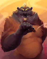  4:5 anthro bear biped cigar fangs fur grin hairy kleinebar kuzuri looking_at_viewer male mammal musclegut muscular muscular_anthro muscular_male pose slightly_chubby smile smoke smoking solo standing teeth tuft 