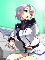  belt breasts brown_eyes commentary_request female hair_over_one_eye headset large_breasts lipstick macross macross_7 makeup miniskirt mole mole_under_mouth moyamu open_mouth red_lips sally_ford ship_interior short_hair silver_hair sitting skirt solo teeth thighhighs uniform white_hair 