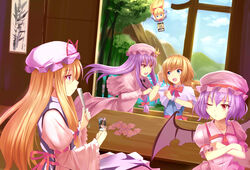  4girls absurdres alice_margatroid bat_wings blonde_hair blue_dress blue_eyes blue_sky bow brown_eyes capelet card cloud commentary_request crescent crescent_hair_ornament crossed_arms day dress dutch_angle flying folded_fan folding_fan hair_ornament hairband hairbow hakurei_reimu hand_fan hat hat_ribbon highres holding holding_card indoors kirisame_marisa lake long_hair long_sleeves mob_cap mountain multiple_girls one_eye_closed painting_(object) patchouli_knowledge pink_dress playing_card playing_games purple_eyes purple_hair red_eyes remilia_scarlet ribbon shanghai_doll short_hair short_sleeves sky smile tabard table touhou tree wings wrist_cuffs yakumo_yukari yuj_(moemarket) 