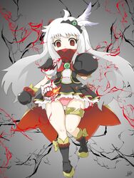  abyssal_ship ahoge alternate_costume bad_id bad_pixiv_id colored_skin cosplay cure_peace cure_peace_(cosplay) female hair_ornament highres horns kanemoto_hisako kantai_collection long_hair looking_at_viewer mittens northern_ocean_princess pale_skin panties pantyshot precure red_eyes smile_precure solo spiritual_b90 underwear voice_actor_connection white_hair white_skin 