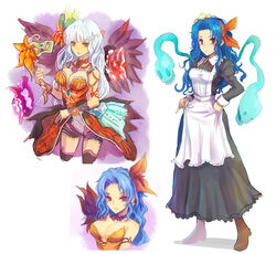  apron blue_hair bow breasts commentary_request female hair_ornament hairbow kara_(color) long_hair maid mask medium_breasts multiple_persona orange_eyes red_eyes rocbouquet_(saga) romancing_saga romancing_saga_2 saga simple_background thighhighs upper_body white_hair 