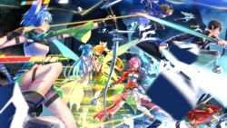  2boys 6+girls aiming animal_ear_fluff animal_ears armor arrow_(projectile) asuna_(sao) asuna_(sao-alo) attack battle black_hair black_thighhighs blonde_hair blue_eyes blue_hair blue_tail blue_wings blurry bow_(weapon) breastplate breasts brown_hair brown_tail casting_spell cat_ears cat_girl cat_tail commentary_request dagger debris depth_of_field dragon dragon_riding drawing_bow dress dual_wielding elf energy energy_wings fairy fairy_wings faulds feathered_dragon feathered_wings feathers fighting_stance fingerless_gloves flanged_mace flying from_side gloves glowing glowing_arrow glowing_sword glowing_weapon glowing_wings green_dress green_wings hair_ornament hairclip health_bar highres holding holding_arrow holding_bow_(weapon) holding_dagger holding_hands holding_knife holding_mace holding_sheath holding_sword holding_weapon injury katana kirito kirito_(sao-alo) klein_(sao) klein_(sao-alo) knife large_breasts leafa light_bow_shekinah lisbeth_(sao) lisbeth_(sao-alo) long_hair long_sword_(sao) mace magic magic_circle mini_dragon mini_person minigirl multiple_boys multiple_girls multiple_tails multiple_wings pina_(sao) pink_hair pointy_ears ponytail ready_to_draw red_eyes runes running shadow_dagger_(sao) sheath sheathed short_hair shoulder_armor silica silica_(sao-alo) sinon sinon_(sao-alo) spread_wings sword sword_art_online swordsouls tail thigh_strap thighhighs thighs two_tails very_long_hair weapon white_armor white_dress white_wings wings yui_(sao) yui_(sao-alo) 