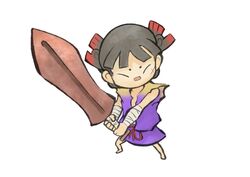  artist_request bandages barefoot black_hair capcom female japanese_clothes kuninushi lolicon official_art okami onimusha_soul ookamiden photoshop_(medium) solo sword weapon wooden_sword 