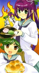  2girls green_eyes green_hair hattori_yamame kage_kara_mamoru! kumogakure_hotaru long_hair madara_sai multiple_girls non-web_source official_art ponytail purple_hair school_uniform 