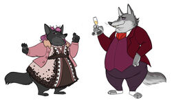  2016 accessory alcohol anthro aurelina_canidae better_version_at_source beverage canid canine canis claws clothed clothing disney duo fangs female fur glass hair hair_accessory hairpin kaivendraws looking_back male mammal pawpads pink_hair simple_background slightly_chubby smile standing teeth white_background wolf zootopia 