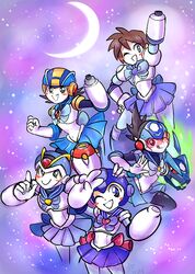  5boys ;) ;q androgynous arm_cannon bishoujo_senshi_sailor_moon blue_eyes blush_stickers brown_hair colorized cosplay crescent_moon crossdressing crossover downscaled geo_stelar_(mega_man) hand_on_own_hip helmet magical_girl md5_mismatch mega_man_(character) mega_man_(classic) mega_man_(series) mega_man_battle_network_(series) mega_man_legends_(series) mega_man_star_force mega_man_volnutt mega_man_x_(series) megaman.exe moon multiple_boys multiple_persona netnavi one_eye_closed resized sailor_senshi smile spot_color super_smash_bros. tongue tongue_out v visor weapon x_(mega_man) yellow_kirby 