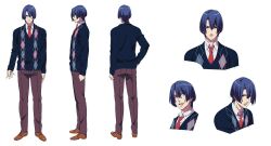  1boy blue_hair bust character_sheet concept_art full_body hijirikawa_masato male male_focus necktie official_art school_uniform short_hair simple_background solo student sweater tie uniform upper_body uta_no_prince-sama 