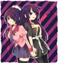  2girls bad_id bad_pixiv_id bakemonogatari blue_eyes dual_persona fashion holding_hands interlocked_fingers long_hair monogatari_(series) multiple_girls naoetsu_high_school_uniform natsumi_(natumi06) pantyhose ponytail purple_hair school_uniform senjougahara_hitagi thighhighs 