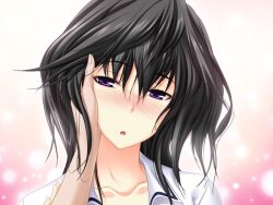  black_hair blush female female game_cg girl maji_de_watashi_ni_koi_shinasai! maji_de_watashi_ni_koi_shinasai!_s male_hand musashibou_benkei purple_eyes short_hair solo 