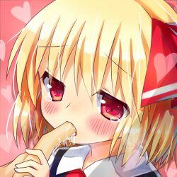  blonde_hair blush close-up commentary female finger_sucking hair_ribbon heart lowres out_of_frame red_eyes ribbon rumia saliva short_hair silveroid solo_focus touhou 