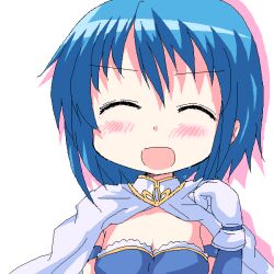  ^_^ blue_hair blush cape closed_eyes commentary_request crying female geetsu gloves jaggy_lines magical_girl mahou_shoujo_madoka_magica mahou_shoujo_madoka_magica_(anime) miki_sayaka miki_sayaka_(magical_girl) oekaki open_mouth short_hair smile solo straight-on tears 