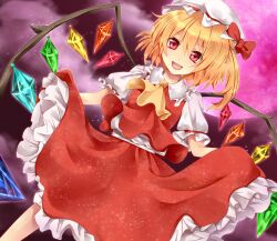  ascot blonde_hair blush commentary_request female flandre_scarlet full_moon hat highres moon oerba_yun_fang open_mouth red_eyes ribbon sakura_ran short_hair side_ponytail skirt smile solo touhou wings 