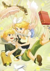  1boy absurdres aircraft airplane aqua_eyes bag blonde_hair brother_and_sister dress falling female hair_ornament hair_ribbon hairclip highres holding_hands interlocked_fingers junji kagamine_len kagamine_rin necktie open_mouth photoshop_(medium) ribbon rolling_suitcase short_hair shorts siblings skirt smile suitcase toy train twins umbrella vocaloid 