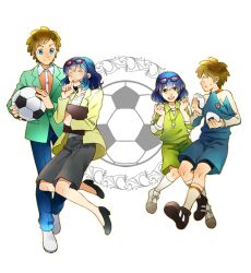  1boy bad_id bad_pixiv_id ball blue_eyes blue_hair brown_hair dual_persona eating eyewear_on_head female food glasses inazuma_eleven inazuma_eleven_(series) inazuma_eleven_go kazu_sanbon laughing onigiri open_mouth otonashi_haruna red-framed_eyewear short_hair smile soccer_ball tachimukai_yuuki telstar whistle 