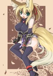  animal_ears bad_id bad_pixiv_id bare_shoulders black_thighhighs blonde_hair breasts dog_days elbow_gloves endou_chihiro female fox_ears fox_tail gloves green_eyes huge_breasts japanese_clothes legs long_hair ninja open_mouth ponytail solo tail thighhighs yukikaze_panettone 