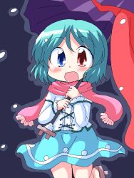  blue_eyes blue_hair blush commentary_request female geetsu heterochromia jaggy_lines karakasa_obake oekaki open_mouth purple_umbrella red_eyes scarf skirt solo tatara_kogasa tongue touhou umbrella wild_and_horned_hermit 