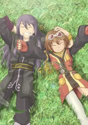  1boy :3 black_hair brown_hair closed_eyes commentary_request female fingerless_gloves gloves goggles goggles_on_head grass grin long_hair lying maruru_(marimo811) on_back pantyhose rita_mordio short_hair single_leg_pantyhose smile tales_of_(series) tales_of_vesperia yuri_lowell 