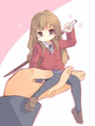  aisaka_taiga bokken brown_eyes brown_hair commentary_request female in_palm left-handed long_hair mini_person minigirl oohashi_high_school_uniform oosuzu_aoi out_of_frame pout school_uniform single_hand solo_focus sword thighhighs toradora! weapon wooden_sword 