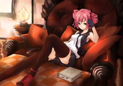  armchair bare_shoulders black_gloves black_thighhighs book chair commentary_request cushion drill_hair female gloves head_rest high_heels kasane_teto lamp mille_(dieci) necktie photoshop_(medium) pleated_skirt reclining red_eyes red_hair shoes skirt solo thighhighs twin_drills twintails utau vest zettai_ryouiki 