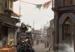  1boy assassin&#039;s_creed:_revelations assassin&#039;s_creed_(series) beard cape cityscape commentary_request ezio_auditore_da_firenze facial_hair hood male_focus manly realistic scenery solo white-corner 