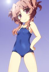  ano_natsu_de_matteru brown_hair commentary_request competition_school_swimsuit female hair_bun highres long_hair one-piece_swimsuit purple_eyes school_swimsuit shirogane_(platinum) single_hair_bun solo swimsuit yamano_remon 