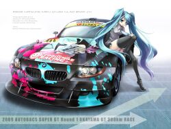  aqua_eyes aqua_hair black_legwear bmw bmw_z4 car english_text female goodsmile_company goodsmile_racing hatsune_miku highres itasha legs long_hair motor_vehicle necktie skirt sports_car takitsume_shino thighhighs twintails vehicle_focus very_long_hair vocaloid 