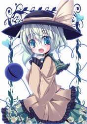  blue_eyes bow commentary_request female floral_print flower frilled_skirt frilled_sleeves frills futase_hijiri grey_hair hat hat_bow komeiji_koishi oerba_yun_fang open_mouth short_hair skirt solo third_eye touhou 