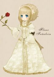  bad_id bad_pixiv_id blonde_hair blush bow dress elisabeth_von_wettin feather_hair_ornament feathers female flower french_text frills german_text gloves hair_ornament headdress lace lace_gloves long_hair maerchen_(sound_horizon) ponytail red_flower red_rose rose solo sound_horizon striped translated white_dress white_gloves yujup 