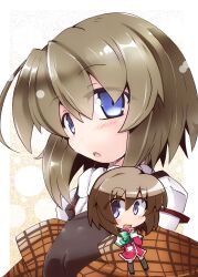  blue_eyes brown_hair chibi commentary_request female highres kanon misaka_shiori school_uniform shawl shirogane_(platinum) short_hair 