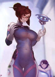  2girls ass_visible_through_thighs big_breasts biting_lip blush bodysuit breast_envy breasts brown_eyes brown_hair costume_switch d.va female female_only glasses gloves hair_bun hair_ornament hair_stick hairpin headphones highres instant-ip jumpsuit large_breasts mei_(overwatch) multiple_girls navel overwatch robot see-through snowball_(overwatch) solo_focus thigh_gap tight_clothes whisker_markings white_glove wide_hips 