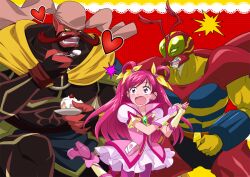  2boys :o angry bandana bike_shorts boots bunbee_(yes!_precure_5) butterfly_brooch cake colored_skin commentary_request cure_dream eating eyelashes facial_hair female food futari_wa_precure futari_wa_precure_max_heart gloves hair_rings long_hair maeashi magical_girl mask moustache multiple_boys open_mouth pink_hair pink_shorts precure purple_eyes red_skin shorts surprised takagi_wataru_(voice_actor) uraganos voice_actor_connection yes!_precure_5 yes!_precure_5_gogo! yumehara_nozomi 