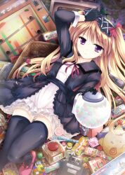  :3 blonde_hair bow candy character_request chewing_gum commentary_request dakara_shoujo_wa_omoide_wo_taberu dress female food gloves gothic_lolita gumball gumball_machine hairband hairbow lolita_fashion lolita_hairband lollipop long_hair looking_at_viewer lying on_back photoshop_(medium) purple_eyes ribbon ryoumoto_ken solo thighhighs zettai_ryouiki 