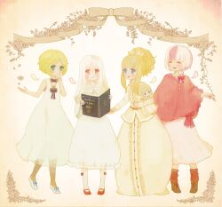  4girls aged_down albino artemisia bad_id bad_pixiv_id bare_shoulders blonde_hair blue_eyes book boots bow braid closed_eyes doll dress el_(sound_horizon) elisabeth_von_wettin elysion green_eyes hairbow holding holding_book ido_e_itaru_mori_e_itaru_ido lolicon long_hair lost-ko maerchen_(sound_horizon) mary_janes moira multicolored_hair multiple_girls open_book open_mouth pantyhose pink_hair ponytail red_eyes red_footwear shawl shoes short_hair short_hair_with_long_locks side_braid sidelocks single_braid sleeveless smile socks sound_horizon streaked_hair two-tone_hair white_dress white_hair white_legwear yujup 