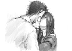  1boy bad_id bad_pixiv_id couple female greyscale hand_on_another&#039;s_cheek hand_on_another&#039;s_face imminent_kiss jacket lab_coat long_hair lowres makise_kurisu miya_(hooooo) monochrome necktie okabe_rintarou photoshop_(medium) short_hair simple_background steins;gate straight tears white_background 