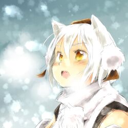  :o animal_ears cold commentary_request female hat inubashiri_momiji looking_up oerba_yun_fang open_mouth portrait short_hair snow solo tokin_hat touhou white_hair wolf_ears yellow_eyes yudepii 