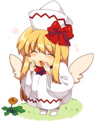  bad_id bad_pixiv_id blonde_hair blush bow chibi closed_eyes dandelion dress female flower hat lily_white long_hair matatabi_maru open_mouth simple_background smile solo squatting touhou whispering wings 