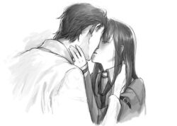  1boy bad_id bad_pixiv_id couple female greyscale hand_on_another&#039;s_neck imminent_kiss jacket lab_coat long_hair lowres makise_kurisu miya_(hooooo) monochrome necktie okabe_rintarou photoshop_(medium) short_hair simple_background steins;gate straight tears white_background 