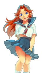  alternate_universe bad_id bad_pixiv_id blue_eyes blush_stickers contemporary female long_hair malon pointy_ears red_hair school_uniform serafuku shiwashiwa_no_kinchakubukuru skirt socks solo the_legend_of_zelda the_legend_of_zelda:_ocarina_of_time white_socks 