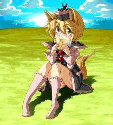  aburaage animal_ears blonde_hair blush cloud commentary_request crescent day eating female food fox_ears fox_tail harusame_(unmei_no_ikasumi) hat kemonomimi_mode lunasa_prismriver ocean oerba_yun_fang short_hair sitting skirt sky solo tail touhou yellow_eyes 