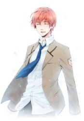  1boy angel_beats! bad_id bad_pixiv_id closed_eyes highres kurosato light_particles male_focus necktie otonashi_yuzuru school_uniform shinda_sekai_sensen_uniform simple_background smile solo white_background 