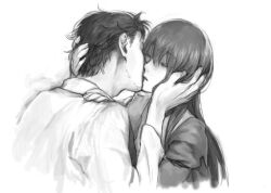  1boy bad_id bad_pixiv_id closed_eyes couple facial_hair female greyscale hand_on_another&#039;s_cheek hand_on_another&#039;s_face jacket kissing lab_coat long_hair lowres makise_kurisu miya_(hooooo) monochrome okabe_rintarou photoshop_(medium) short_hair simple_background steins;gate straight stubble white_background 