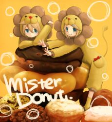  alternate_outfit blonde_hair brother_and_sister costume family food hair_clip hair_ornament hairclip kagamine_len kagamine_rin licking_lips lip_licking siblings tongue_out twins vocaloid 