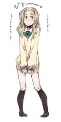  blue_eyes blush brown_hair chibikko_(morihito) commentary_request cuffs female handcuffs kneehighs long_hair morihito no_pants original socks solo sweater thick_eyebrows translated 