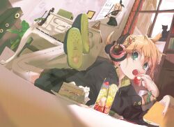  1boy aqua_eyes blonde_hair brother_and_sister cameo commentary_request drink dutch_angle feline glass hair_ornament hairclip headphones hekicha indoors instrument kagamine_len kagamine_rin kneehighs looking_at_viewer lying male_focus on_stomach open_mouth piano poster_(object) siblings socks solo speaker twins upright_piano violin vocaloid 